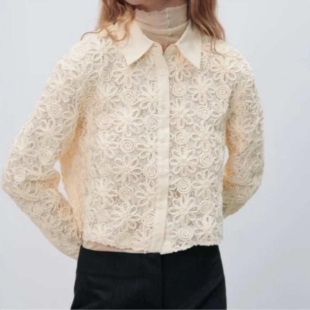 Zara Floral Lace Embroidered Button-Down Top XL — Long Sleeve — Boho Blouse - Picture 3 of 5